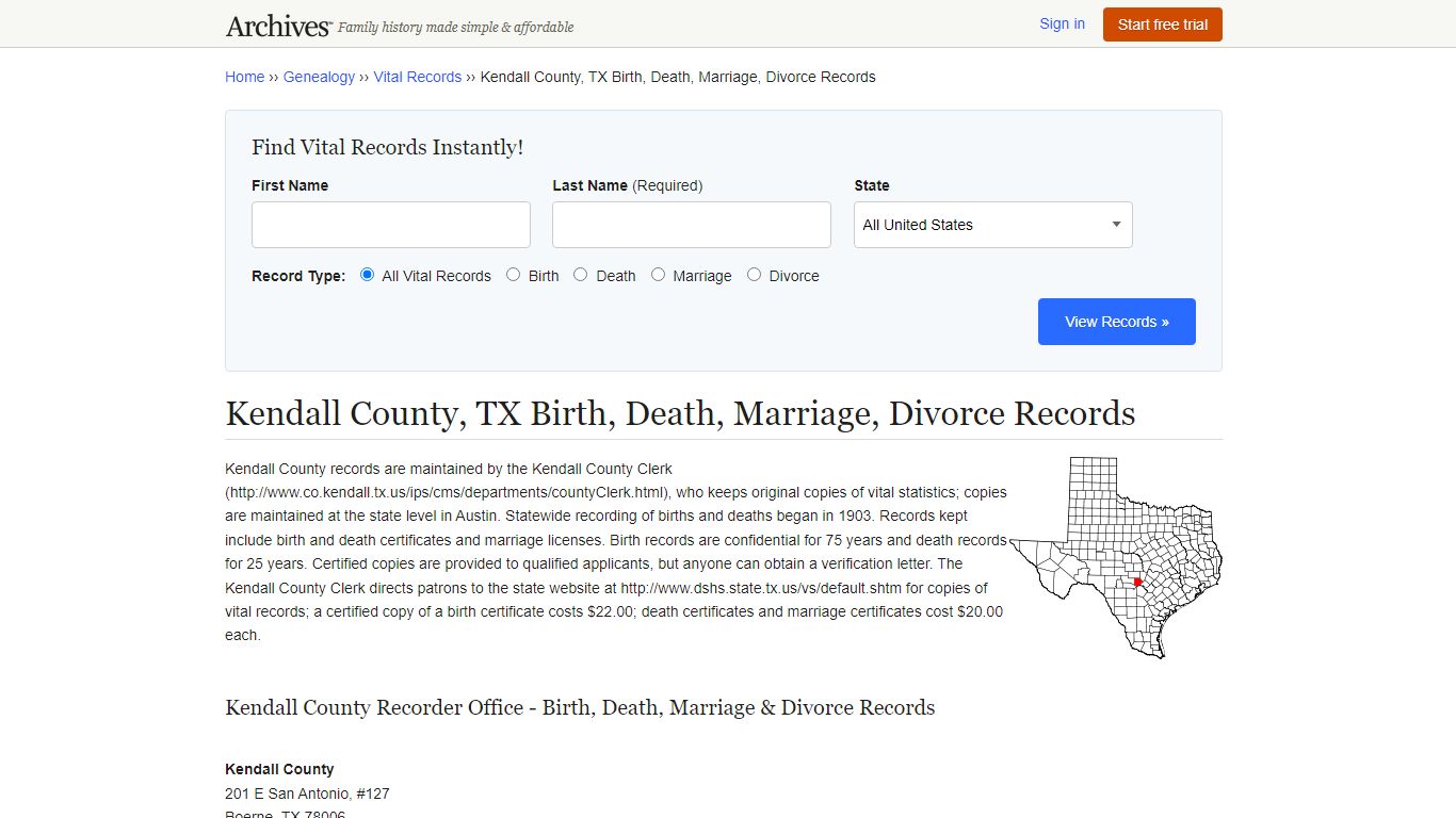 Kendall County, TX Birth, Death, Marriage, Divorce Records - Archives.com